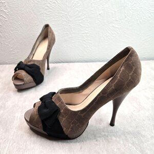 Bow Stiletto High Heels Size 8.5 Brown Suede Croc Dressy Peep Toe Platform Pumps